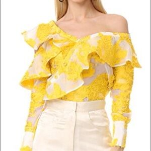 Self-Portrait Off The Shoulder Fil Coupe Frill Yellow Embroidered Top US6 UK10